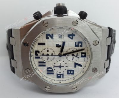 Cheap Audemars Piguet Replica Watches - AP Royal Oak Offshore White Face Black Leather Strap 44mm